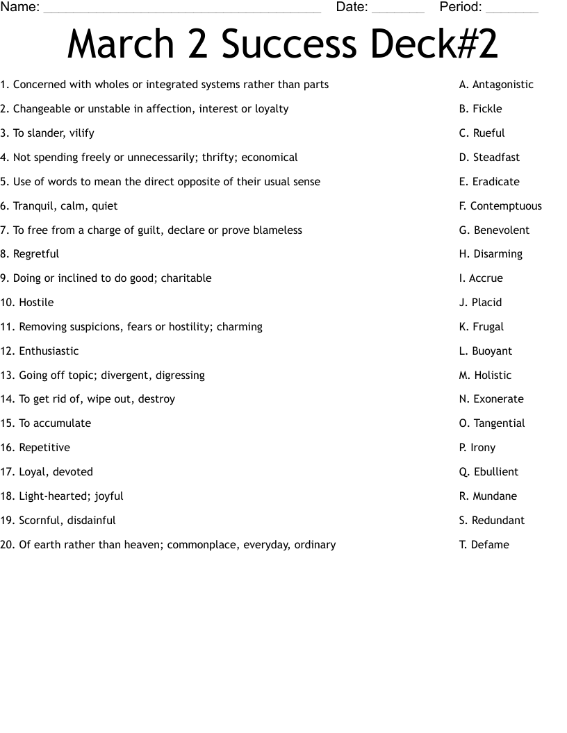 March 2 Success Deck#2 Worksheet