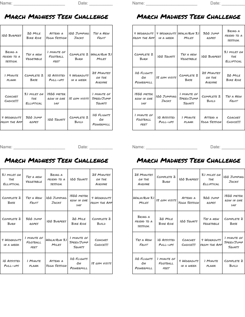 March Madness Teen Challenge Bingo Cards