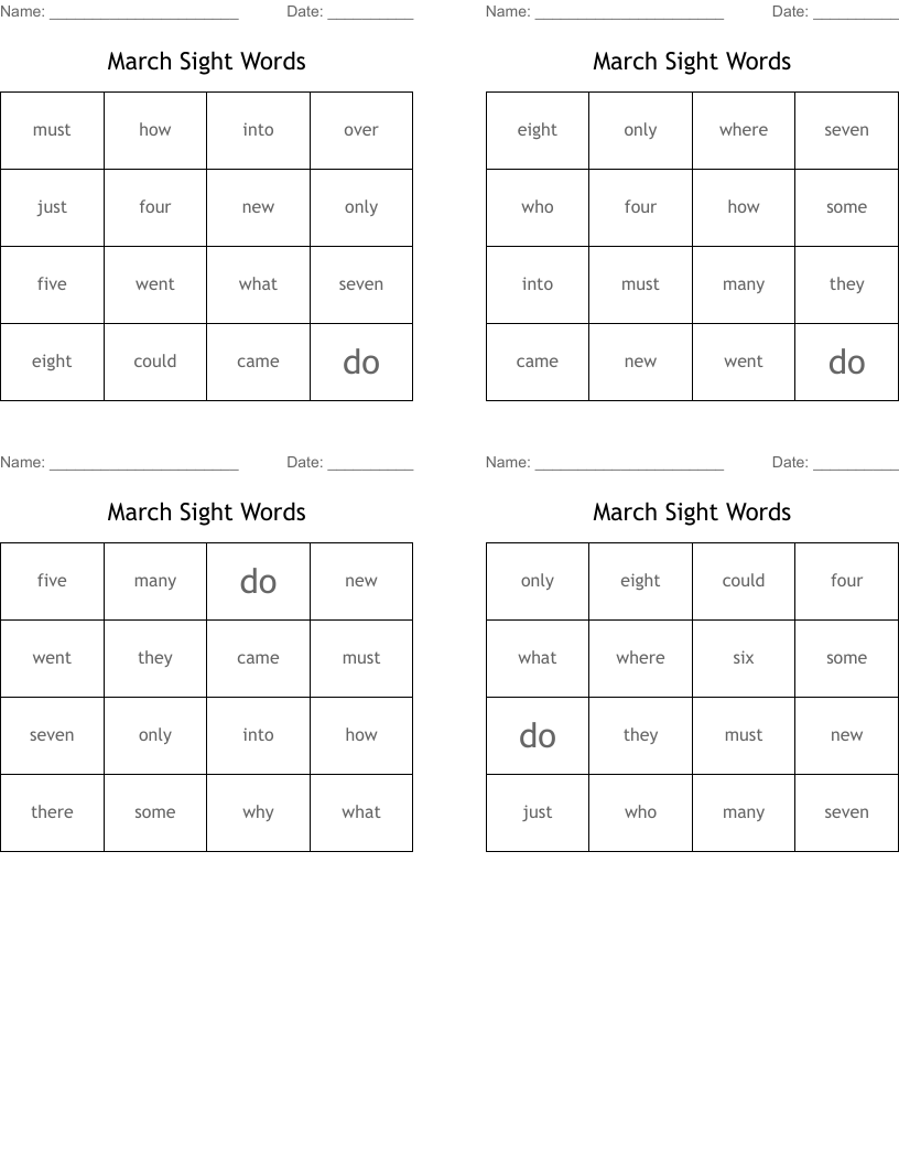 March Sight Words Bingo Cards