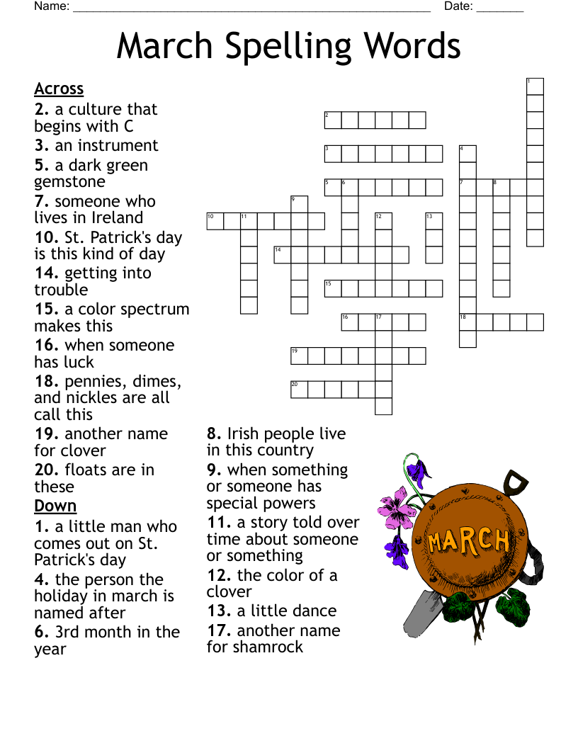 March Spelling Words Crossword