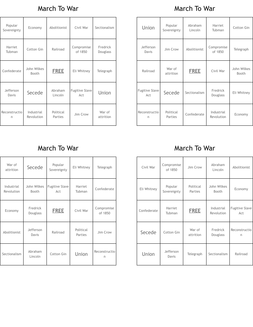 March To War Bingo Cards