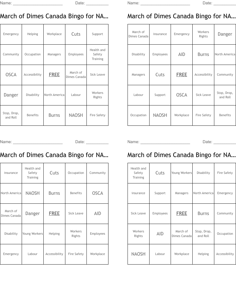 March of Dimes Canada Bingo for NAOSH