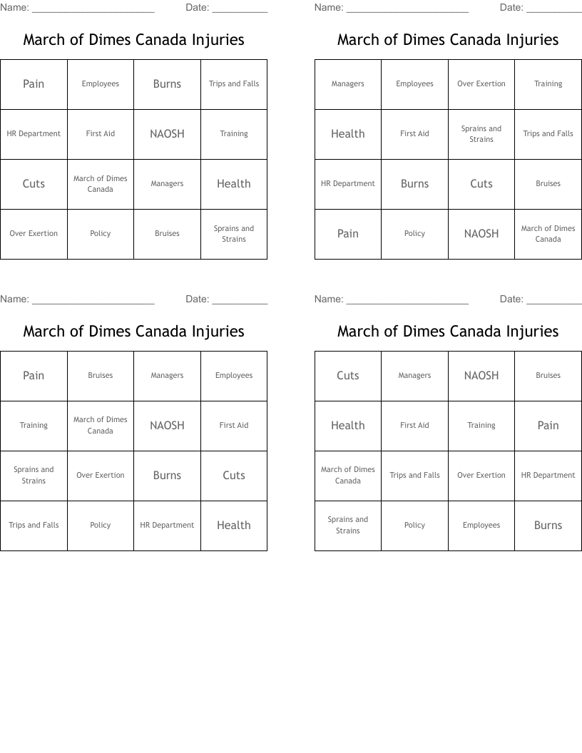 March of Dimes Canada Injuries  Bingo Cards