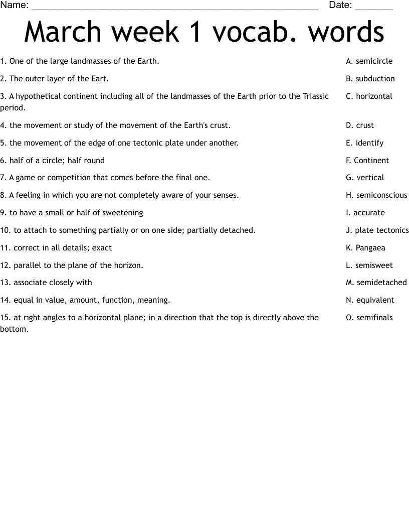March week 1 vocab. words Worksheet