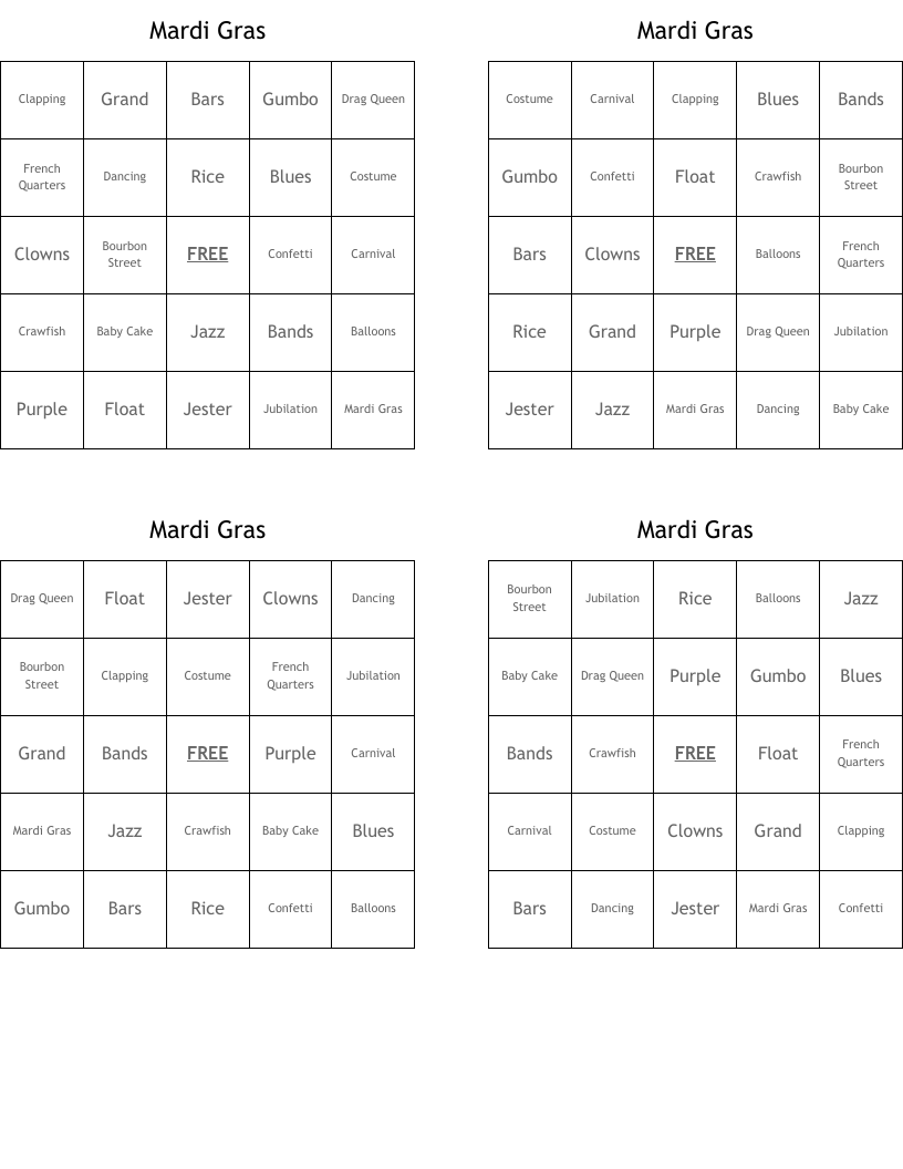 Mardi Gras Bingo Cards