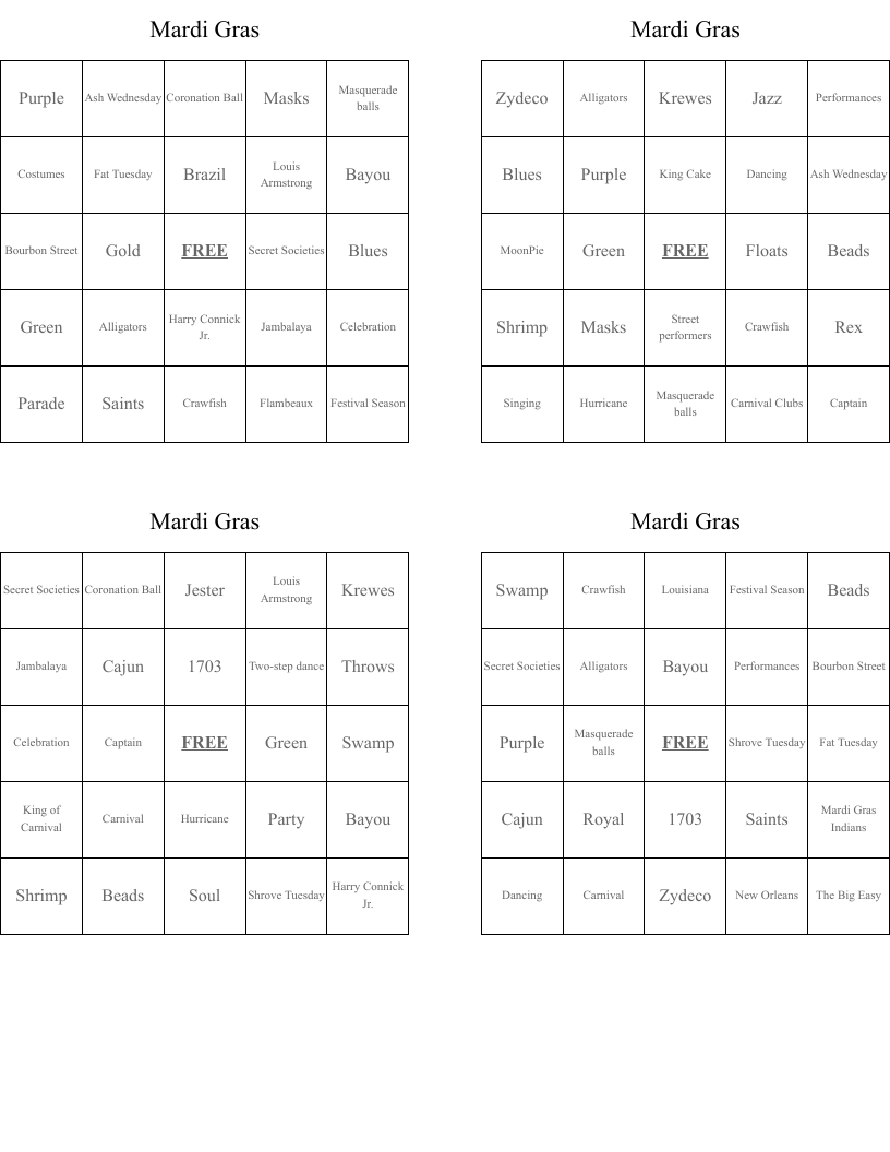 Mardi Gras Bingo Cards