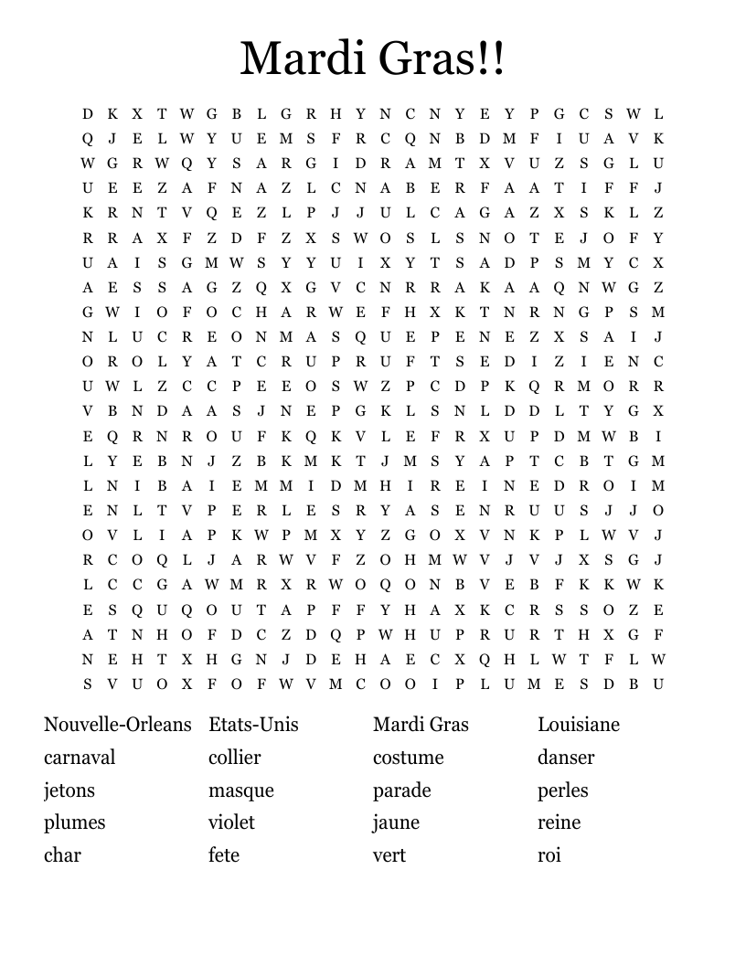 Mardi Gras!! Word Search
