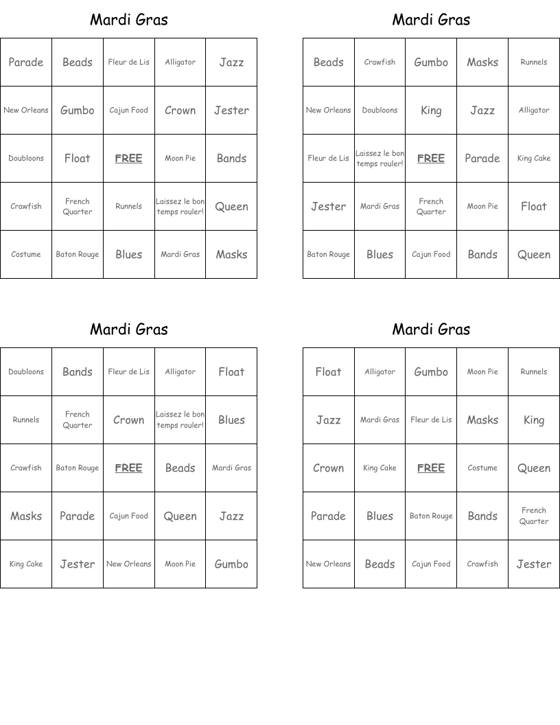 Mardi Gras Bingo Cards