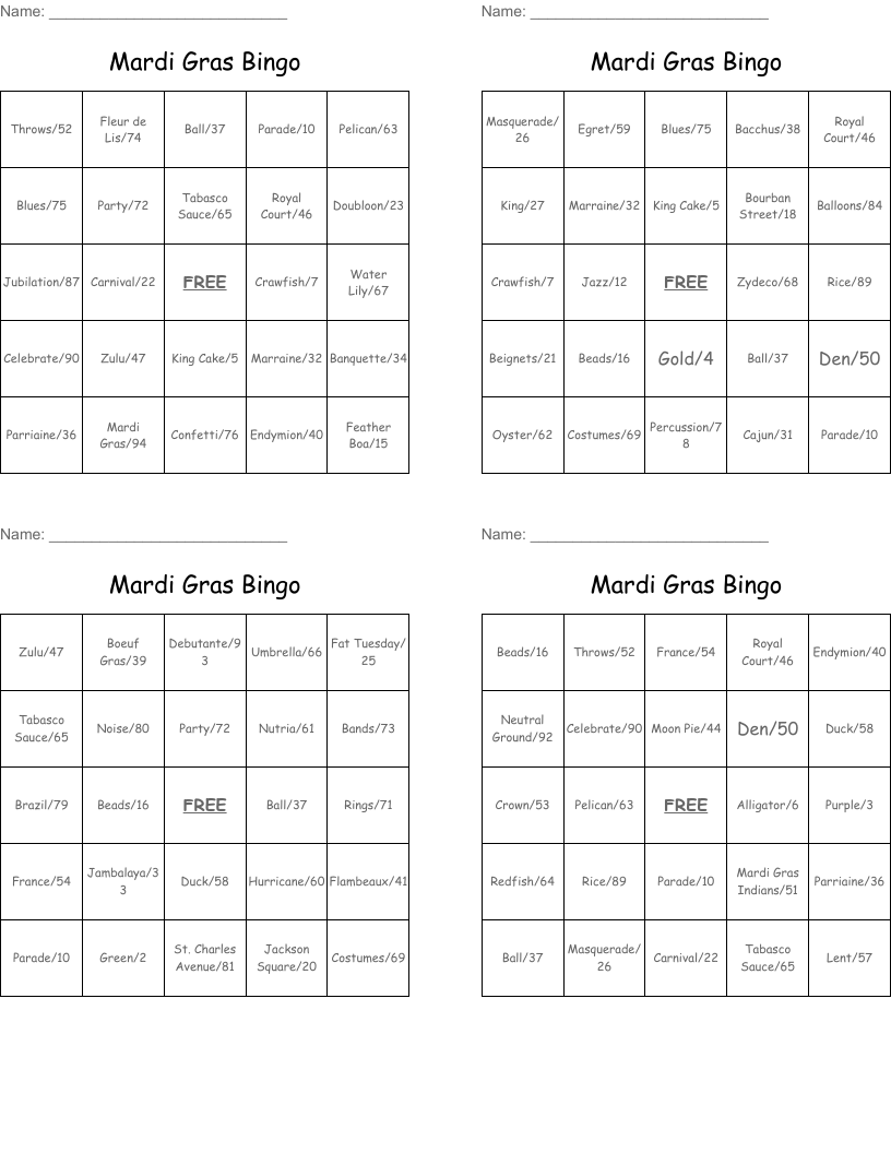 Mardi Gras Bingo