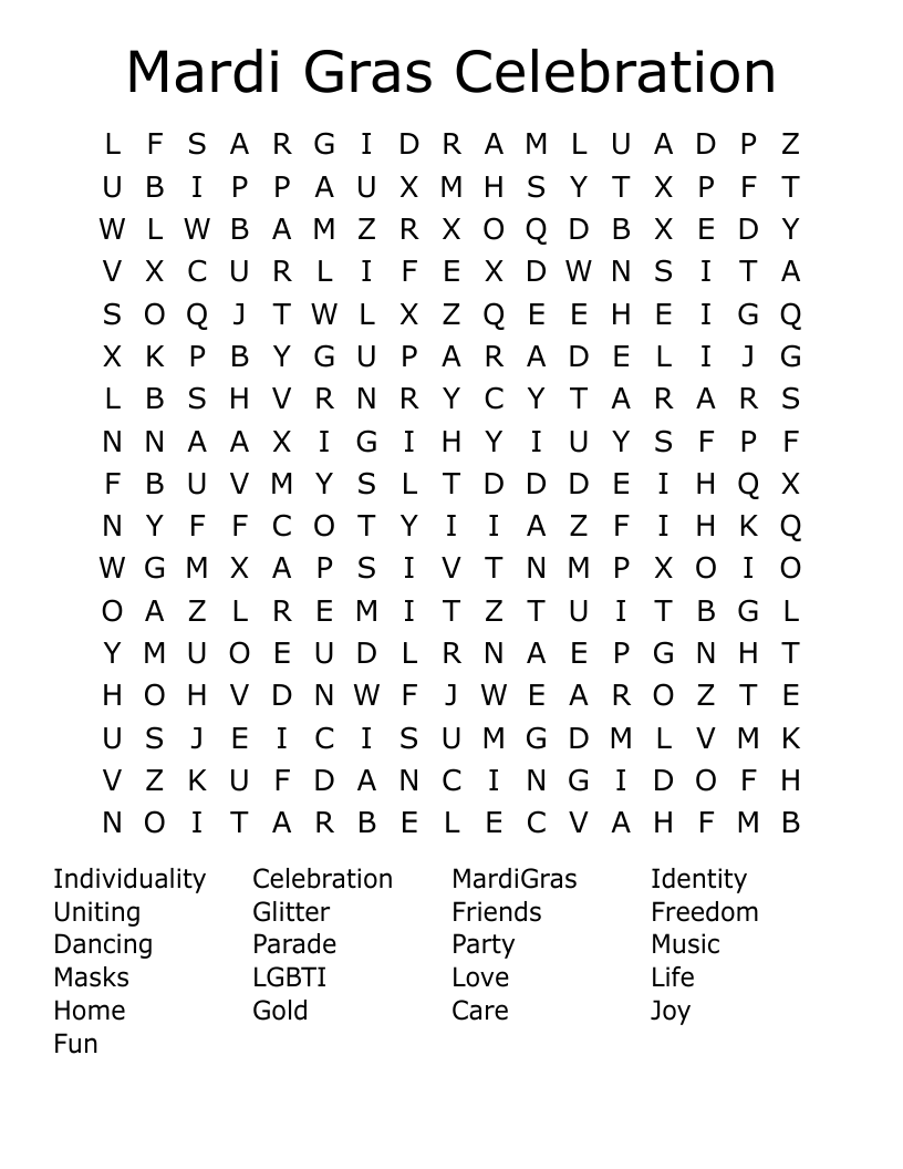 Mardi Gras Celebration Word Search