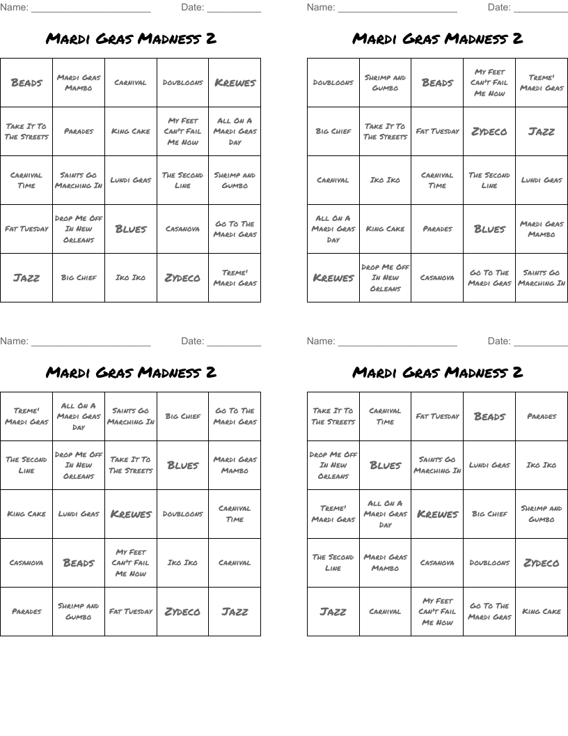Mardi Gras Madness 2 Bingo Cards