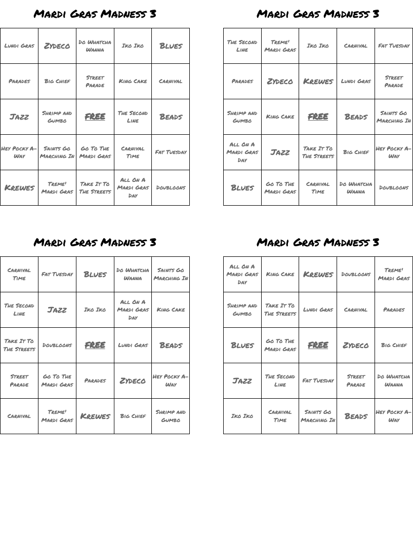 Mardi Gras Madness 3 Bingo Cards