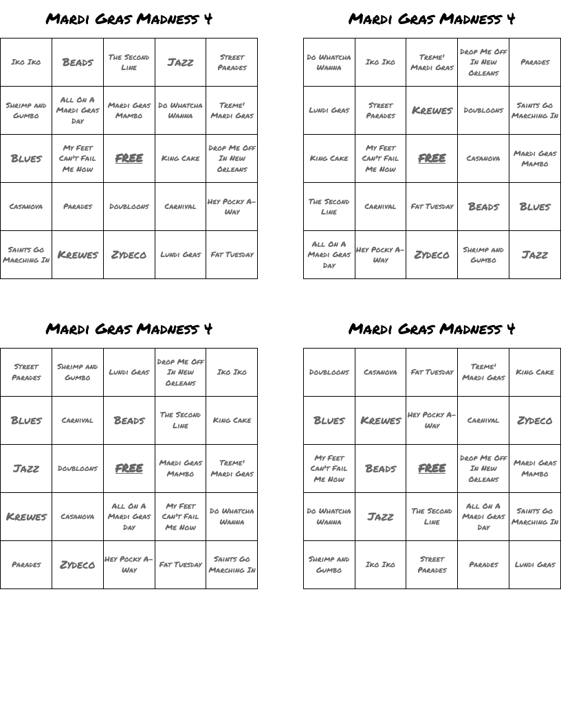 Mardi Gras Madness 4 Bingo Cards