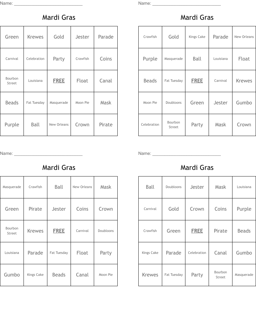 Mardi Gras  Bingo Cards