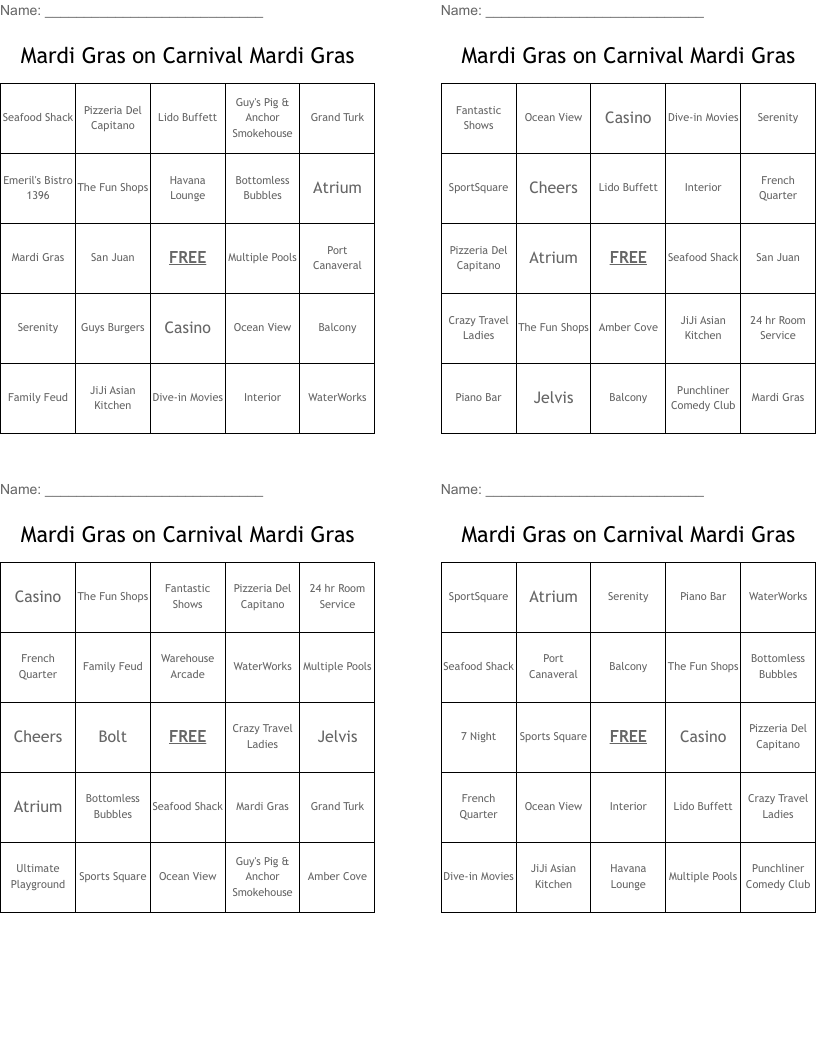 Mardi Gras on Carnival Mardi Gras Bingo Cards