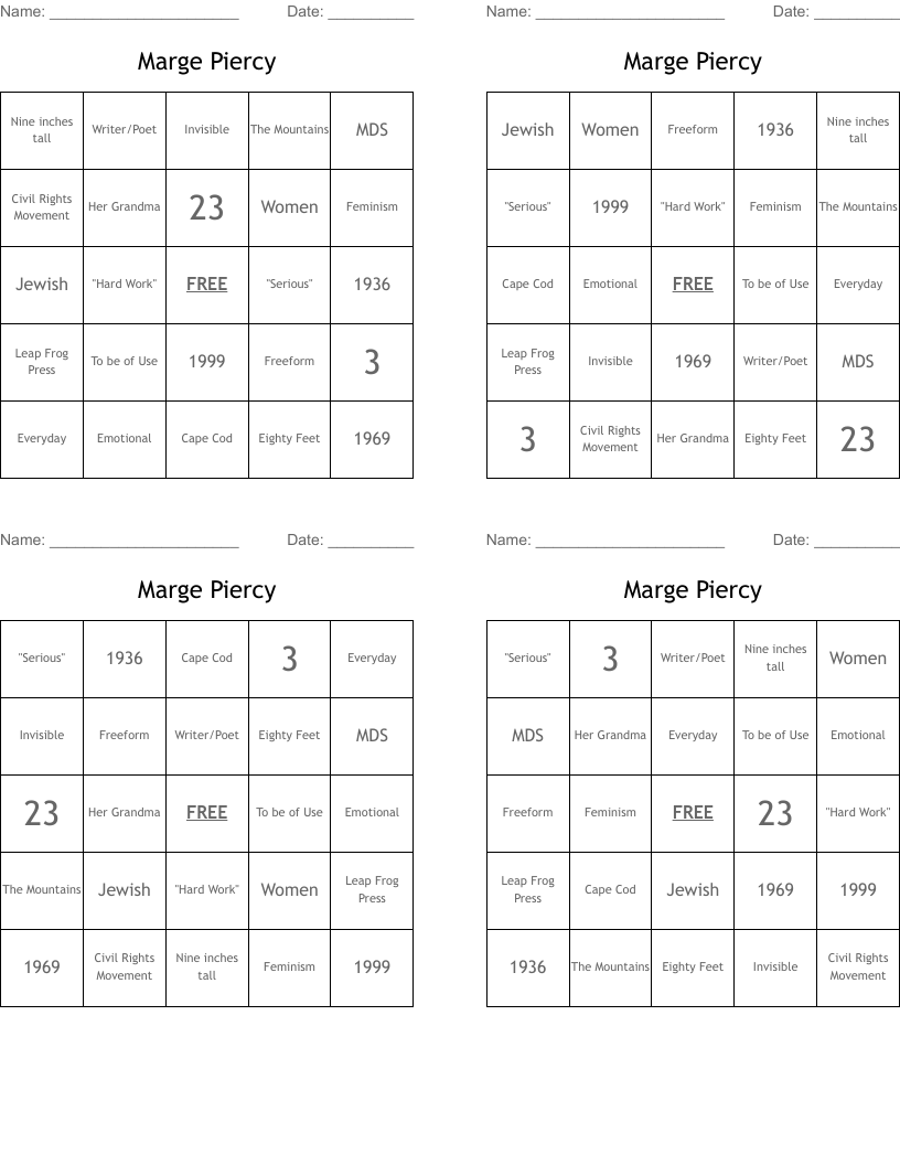Marge Piercy Bingo Cards
