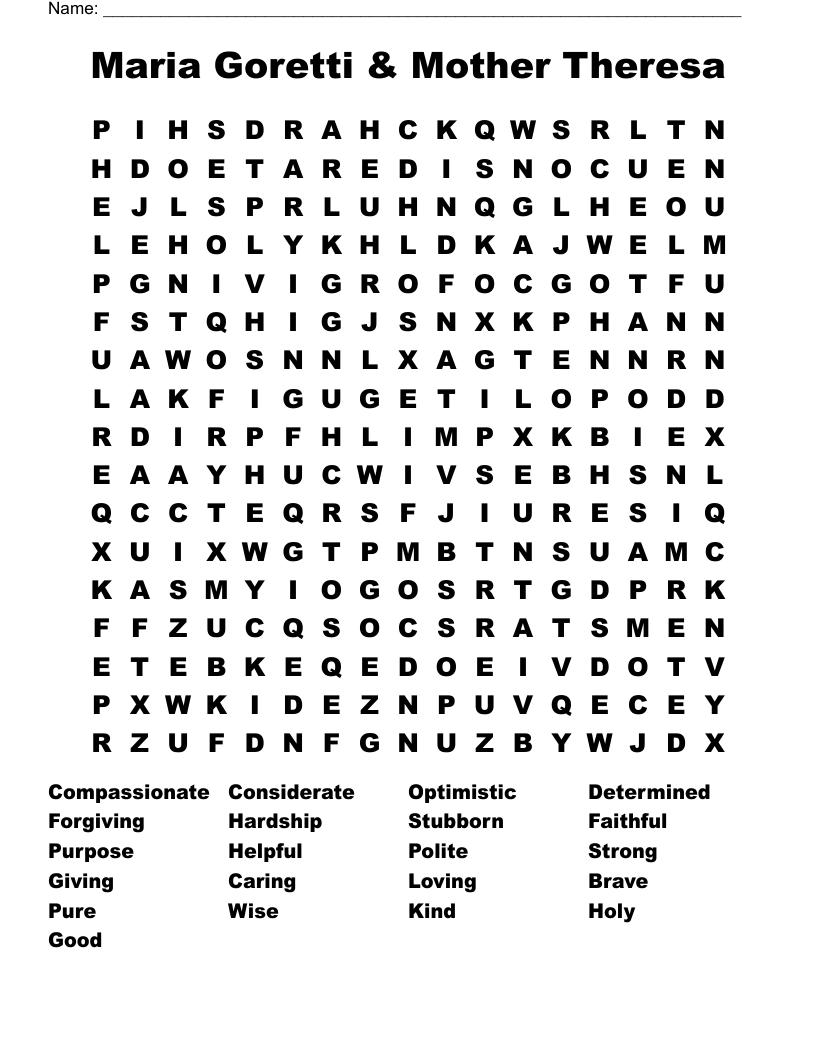 Maria Goretti & Mother Theresa  Word Search