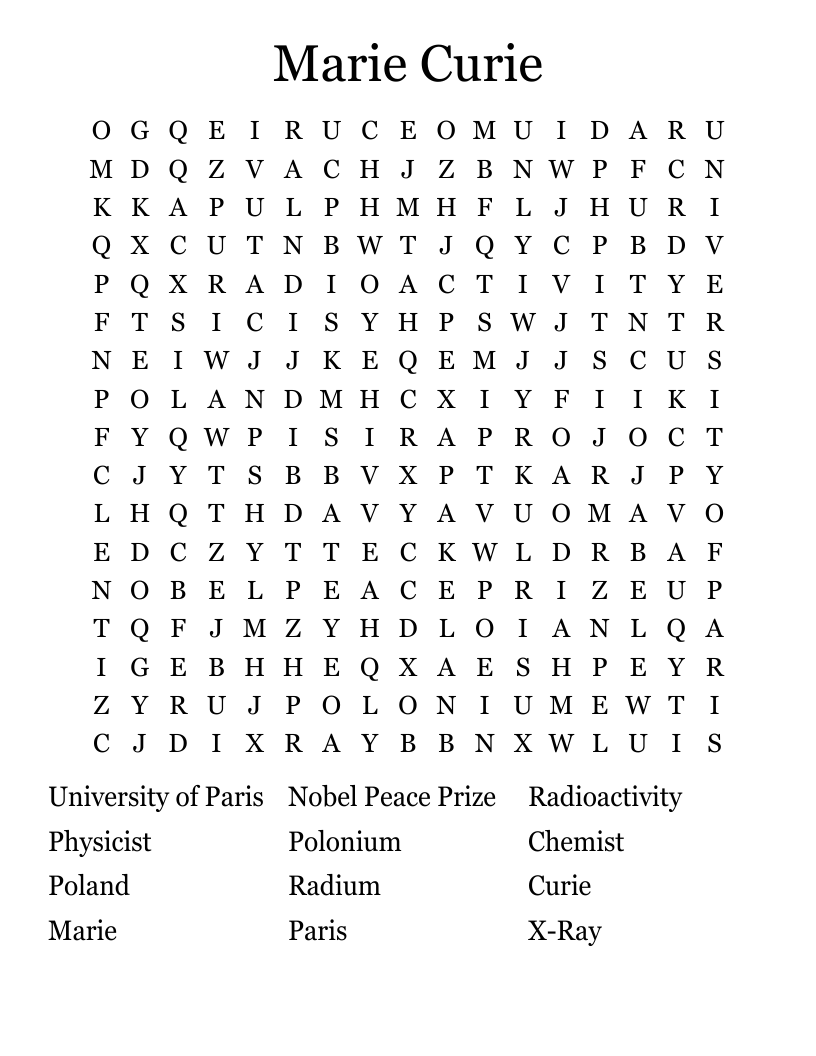 Marie Curie Word Search