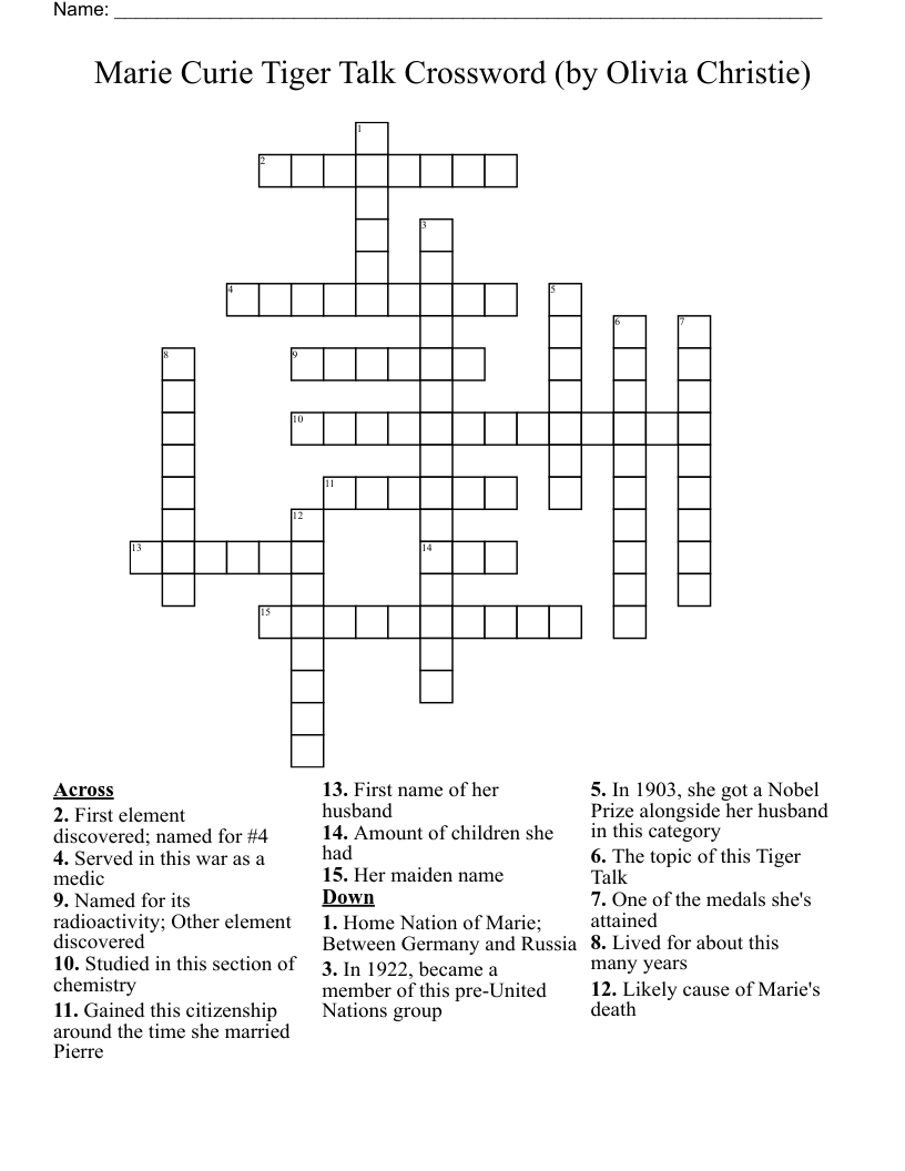 Marie Curie Tiger Talk Crossword (by Olivia Christie)