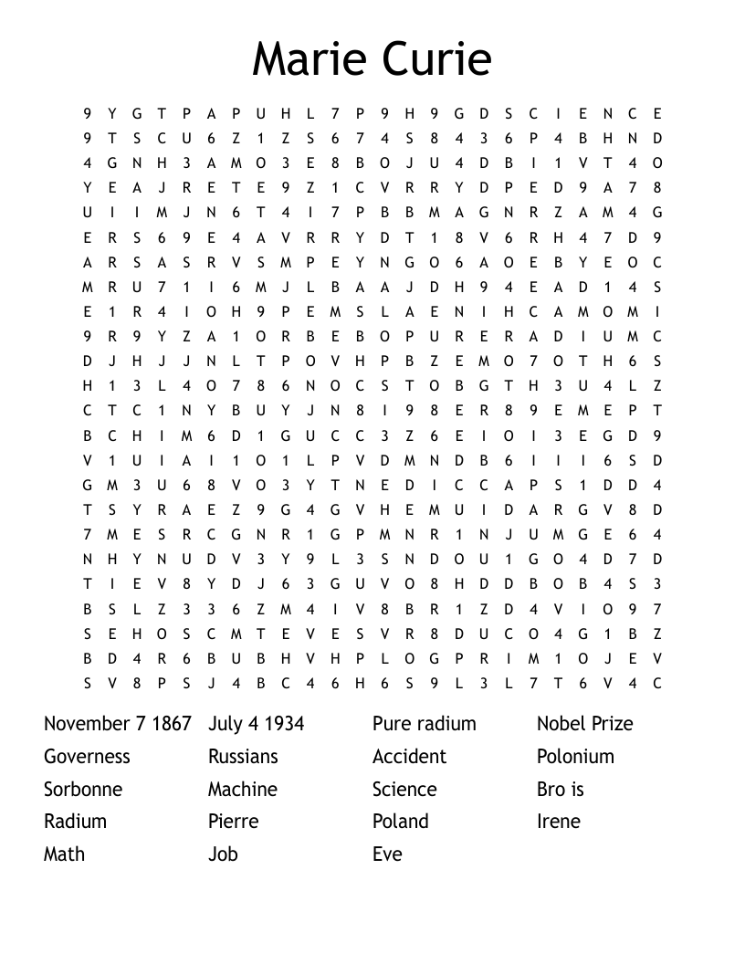 Marie Curie  Word Search