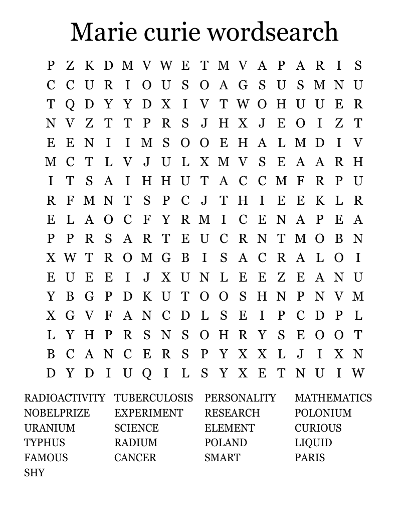 Marie curie wordsearch