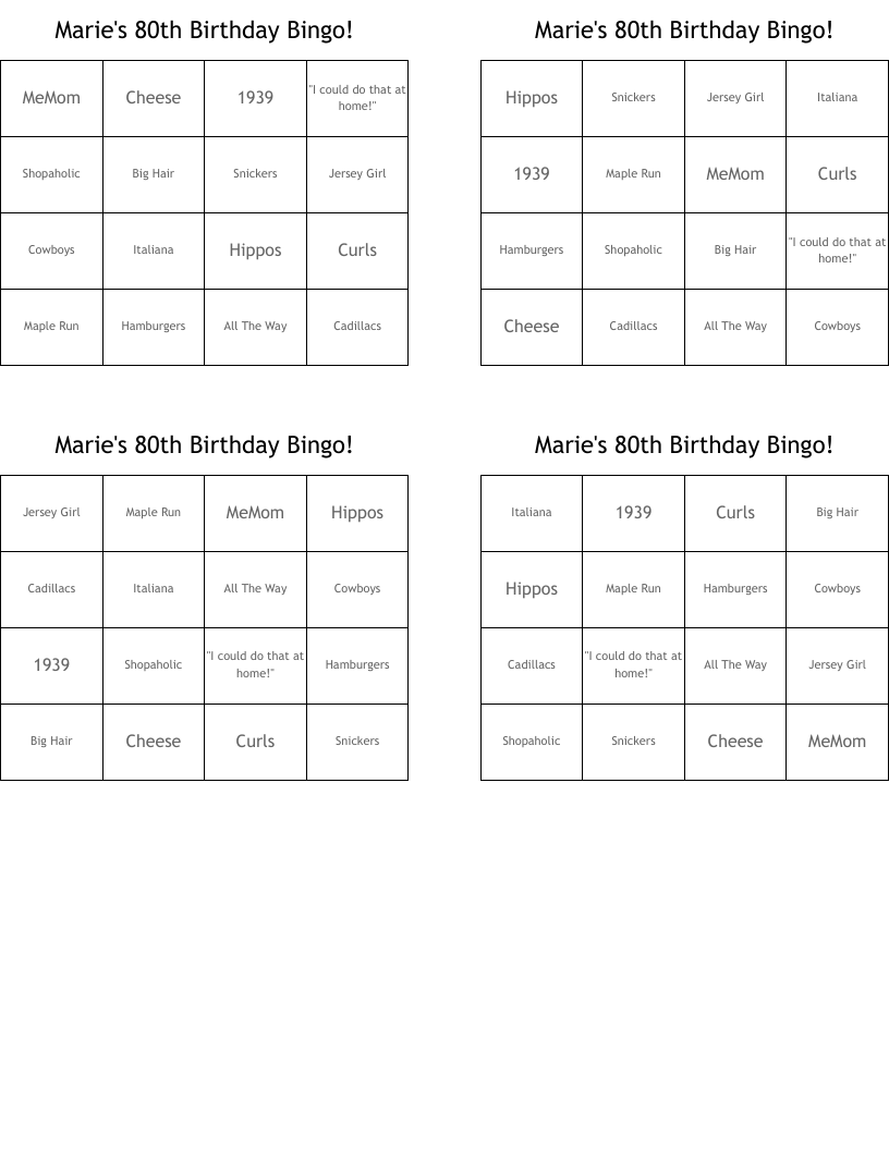 Marie's 80th Birthday Bingo!