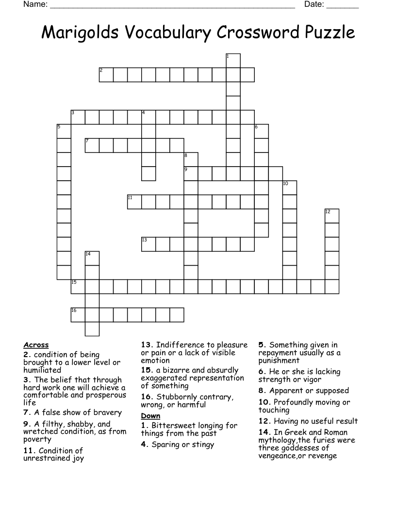Marigolds Vocabulary Crossword Puzzle