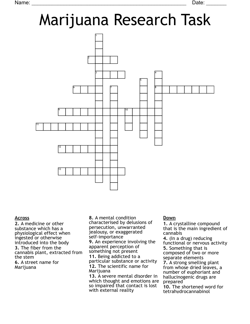Marijuana Research Task Crossword