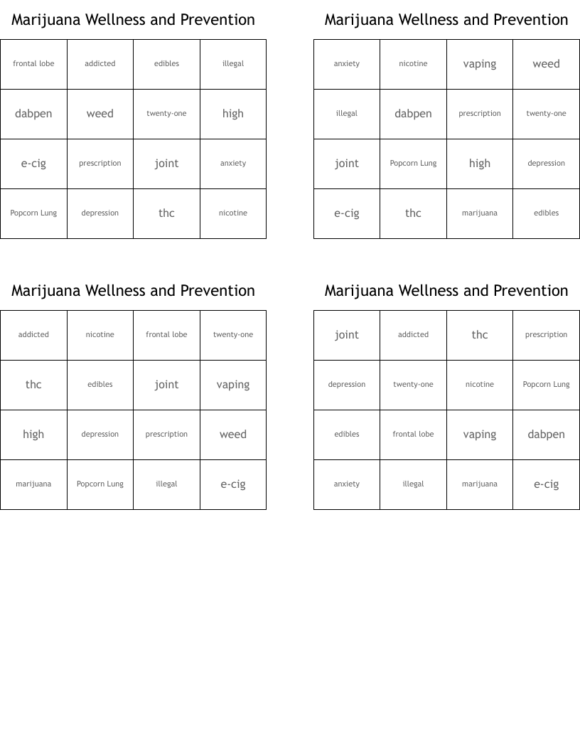 Marijuana Wellness and Prevention Bingo Cards