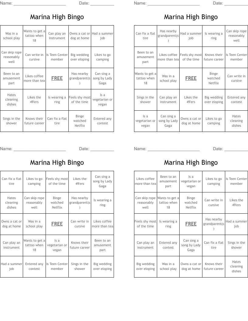 Marina High Bingo