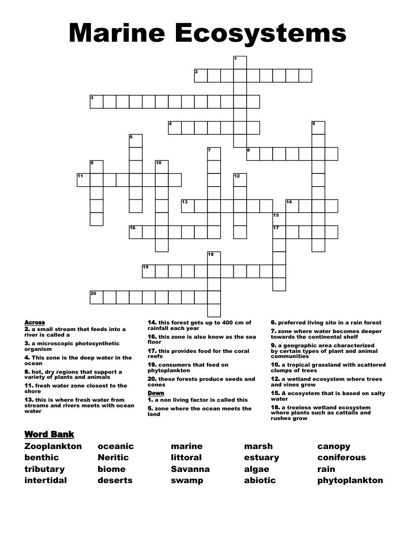 Marine Ecosystems Crossword