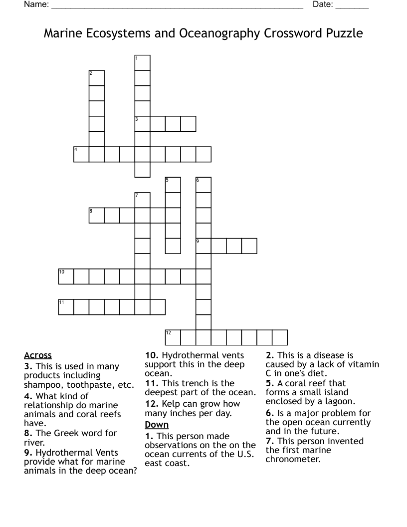 Marine Ecosystems and Oceanography Crossword Puzzle 