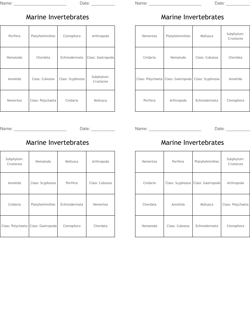 Marine Invertebrates Bingo Cards