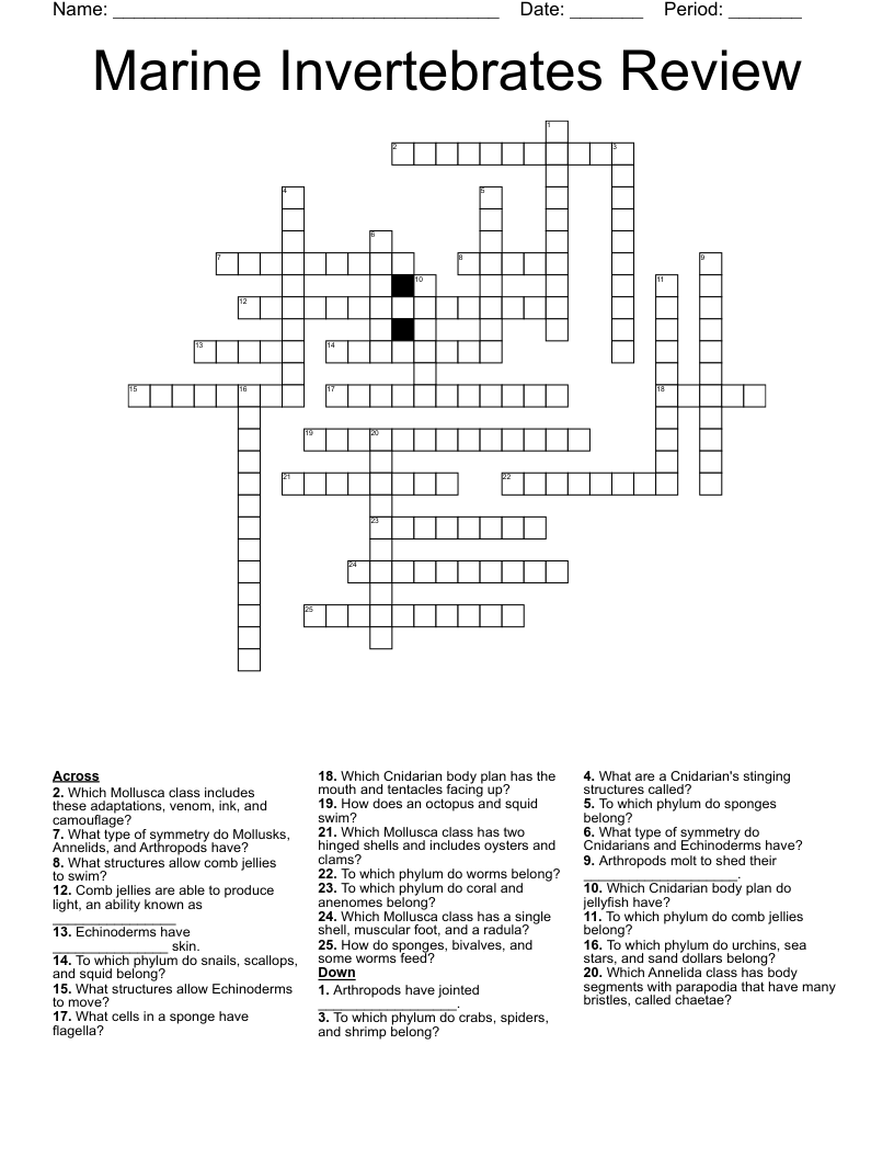 Marine Invertebrates Review Crossword