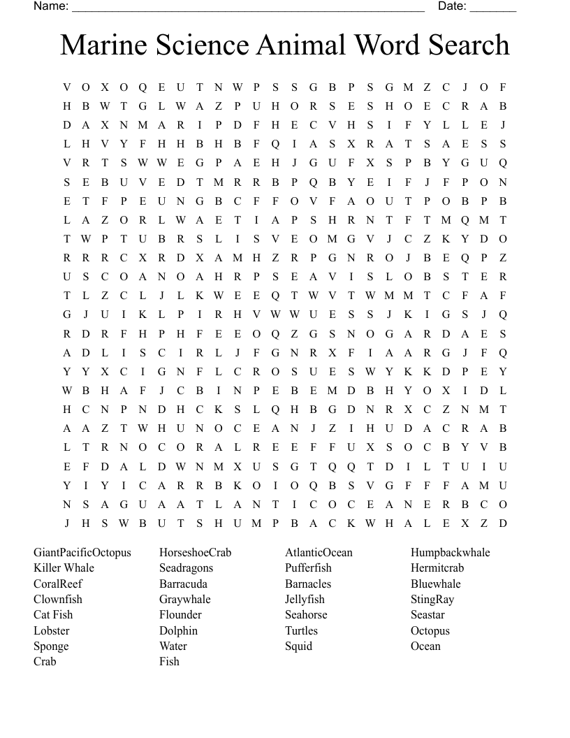 Marine Science Animal Word Search