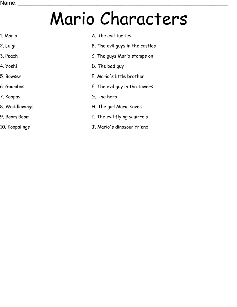 Mario Characters Worksheet