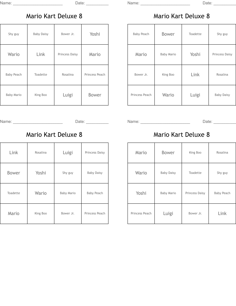 Mario Kart Deluxe 8 Bingo Cards