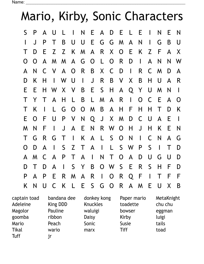 Mario, Kirby, Sonic Characters Word Search