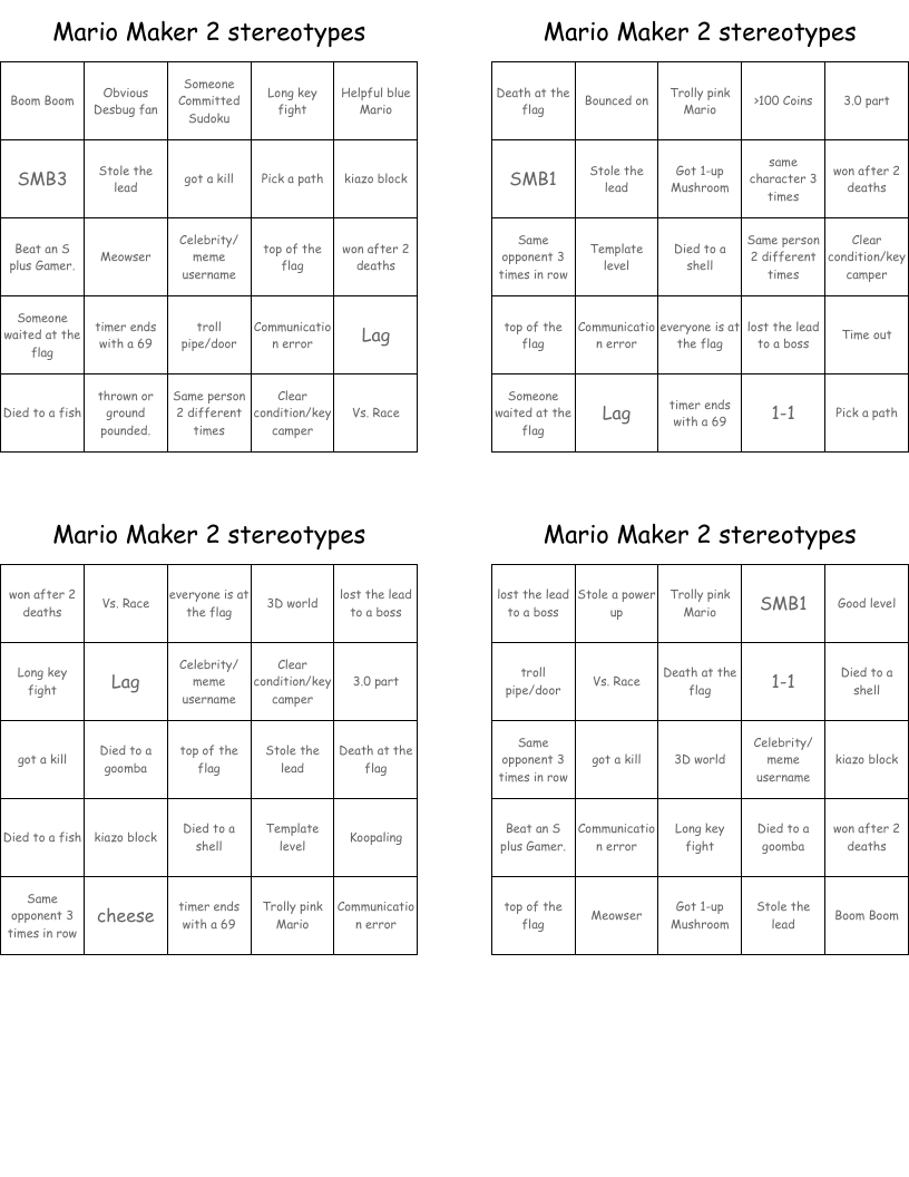 Mario Maker 2 stereotypes Bingo Cards