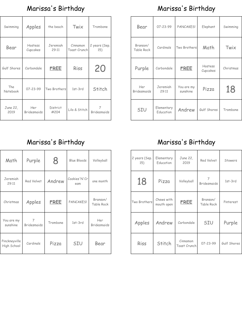 Marissa's Birthday Bingo Cards