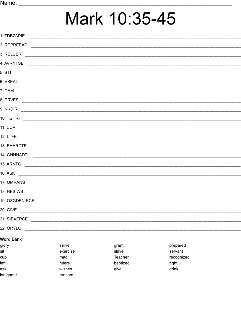 Mark 10:35-45 Word Scramble