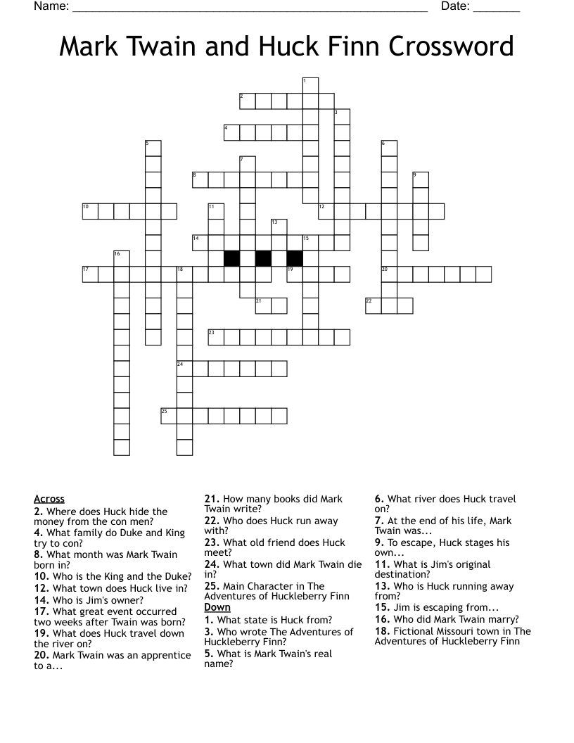 Mark Twain and Huck Finn Crossword