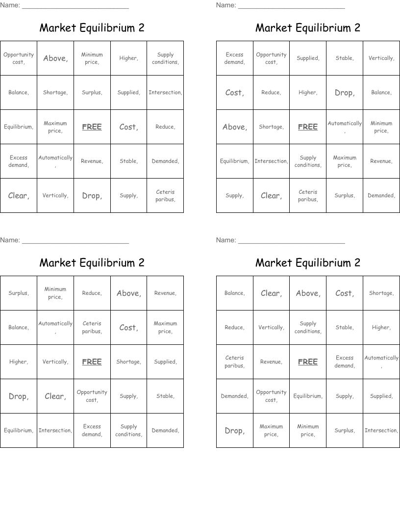 Market Equilibrium 2 Bingo Cards
