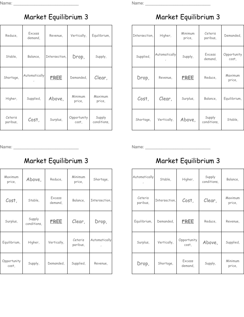 Market Equilibrium 3 Bingo Cards