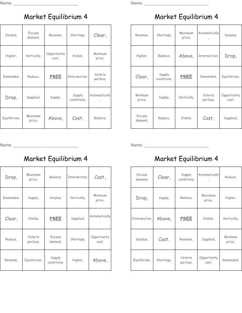 Market Equilibrium 4 Bingo Cards