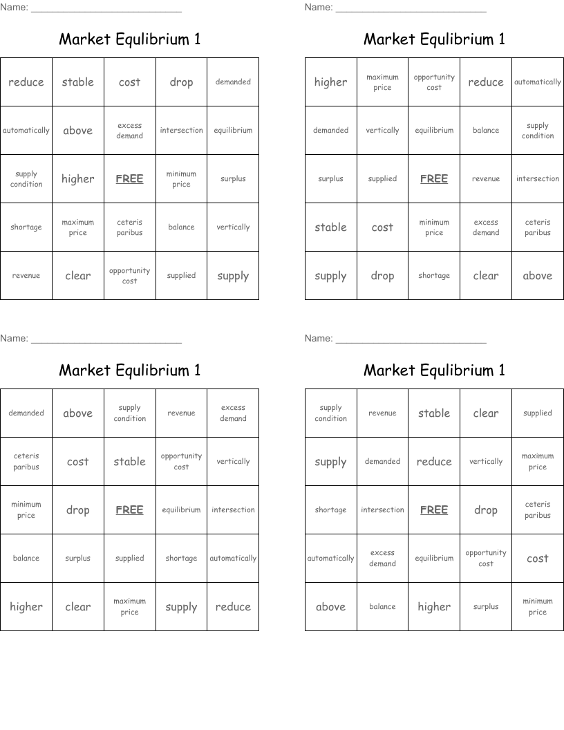 Market Equlibrium 1 Bingo Cards