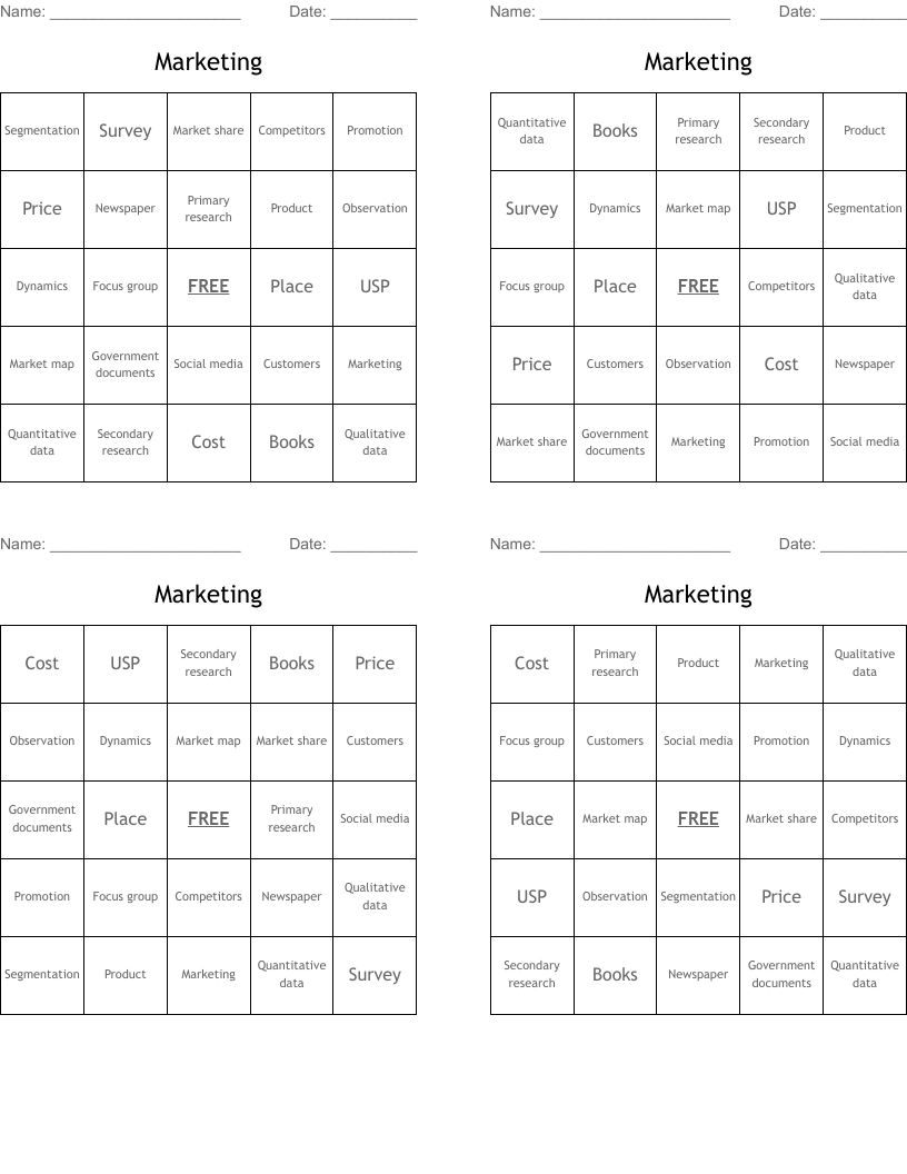 Marketing Bingo Cards