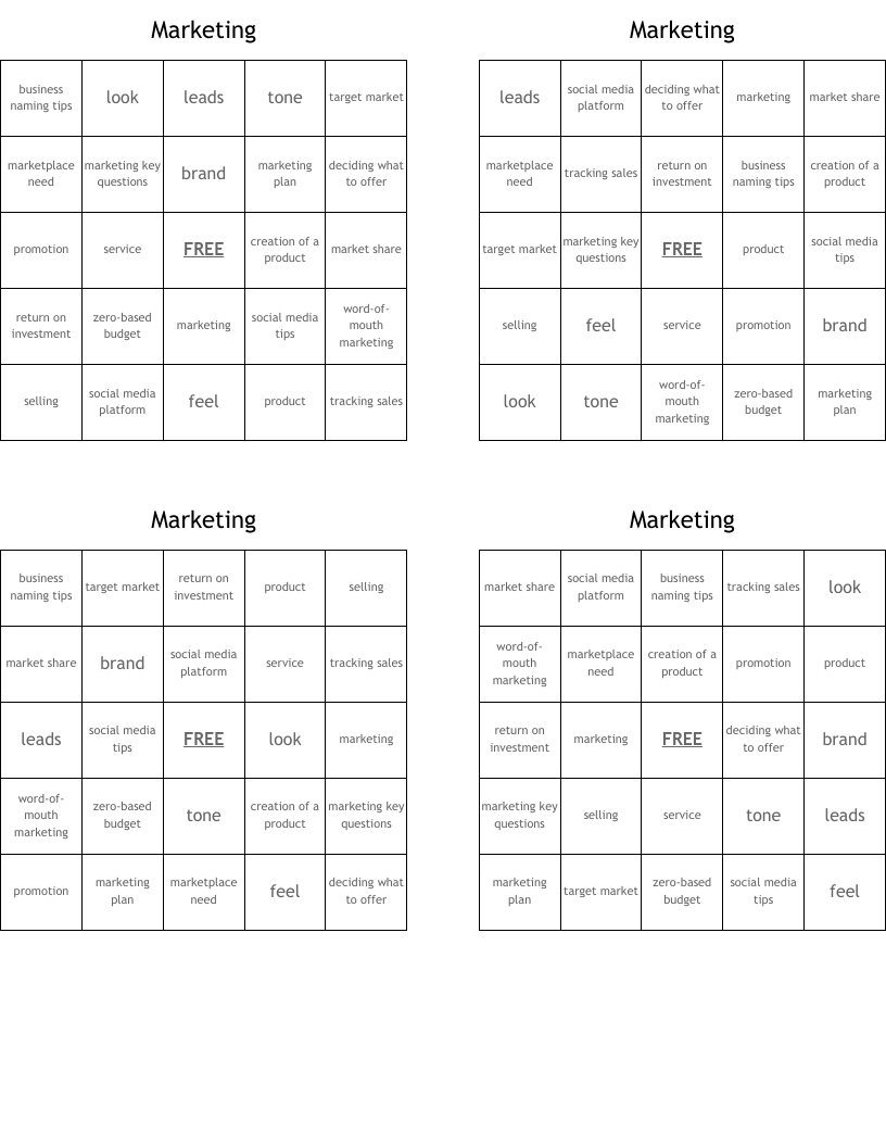 Marketing Bingo Cards