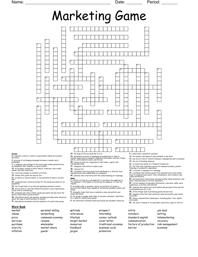 Marketing Game Crossword