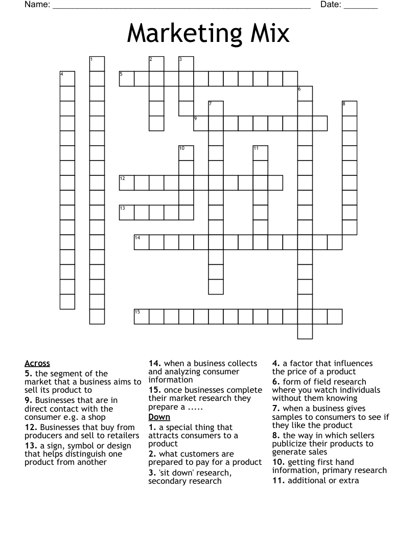 Marketing Mix Crossword